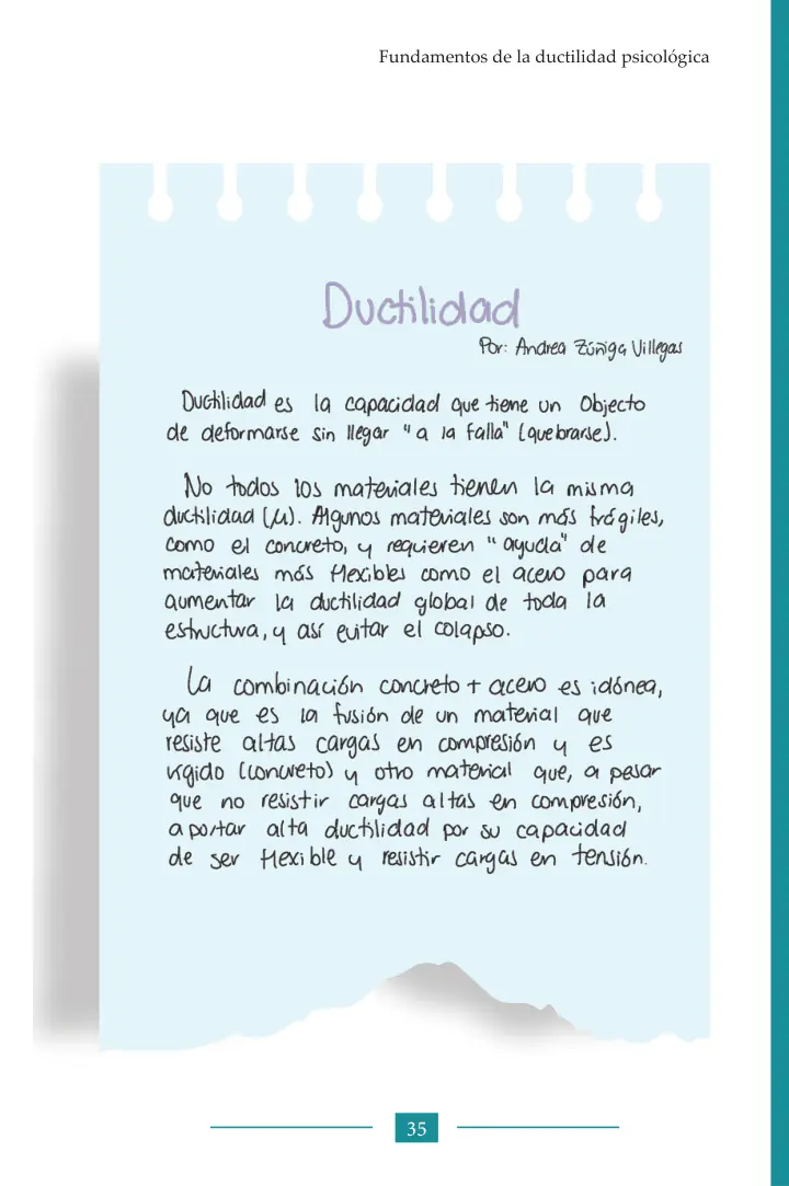 Page 35: handwritten notes titled “Ductilidad” by Andrea Zúñiga Villegas, on the ductility of concrete and steel.