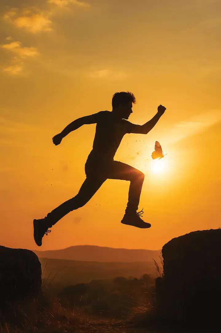 Photograph of a person leaping between two rocks at sunset.
