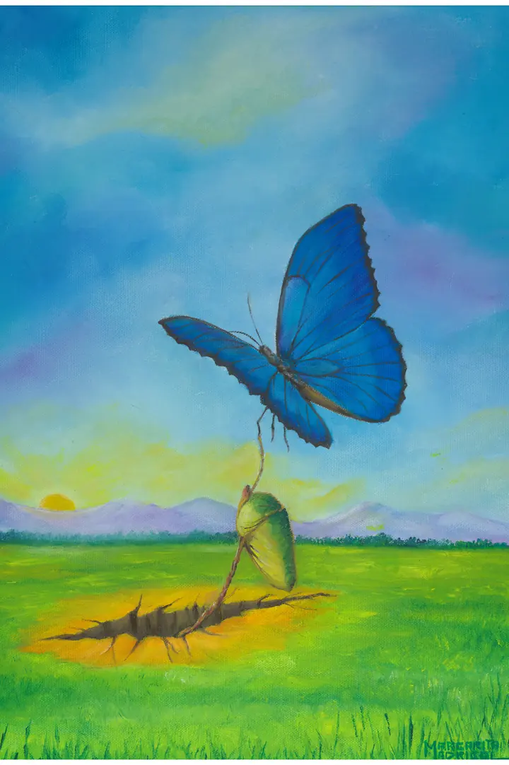 Painting of a blue butterfly emerging from its cocoon.